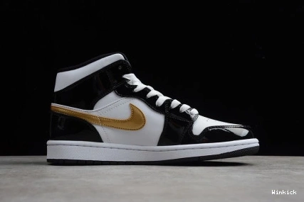 Black Air Jordan Patent Gold 1 Mid 852542-007 White 0831